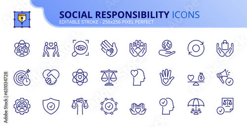 Simple set of outline icons about corporate social responsibility