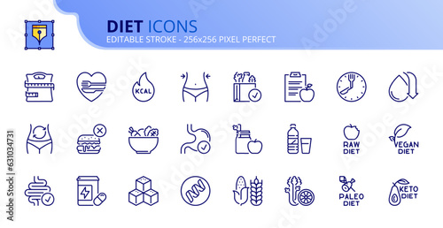 Simple set of outline icons  about diet, healthy food. photo