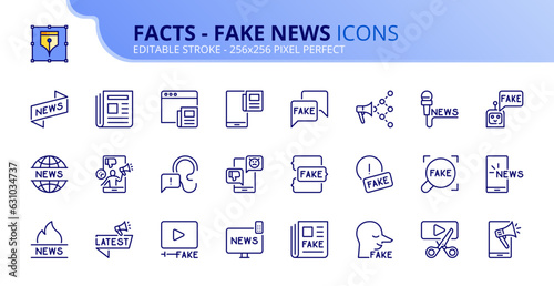 Simple set of outline icons about facts and fake news.