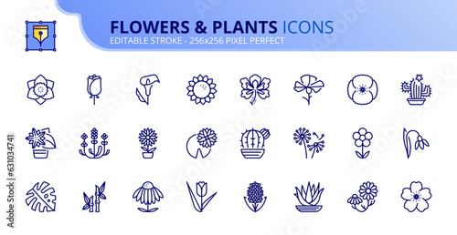Simple set of outline icons about flowers and plants