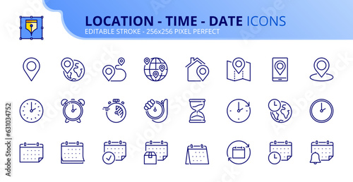 Simple set of outline icons about location, time and date