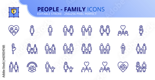 Simple set of outline icons about people, types of family structures