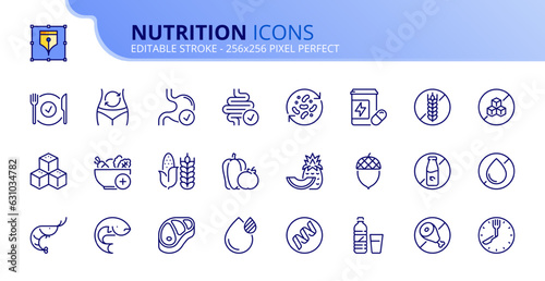 Simple set of outline icons about nutrition, healthy food.