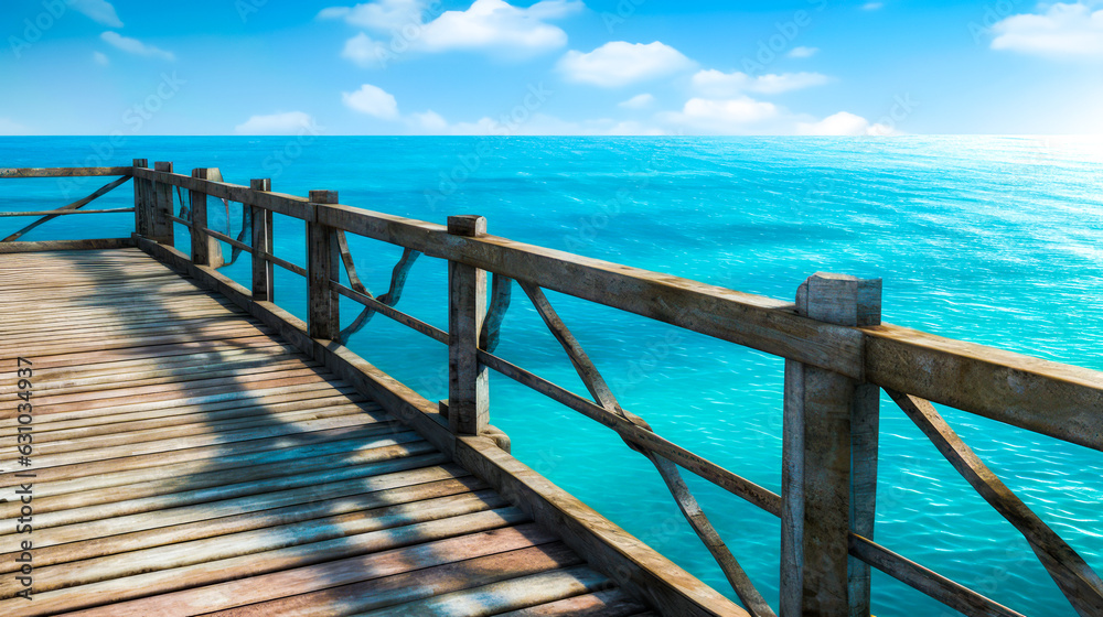 Wooden bridge over the ocean with blue sky. Generative AI