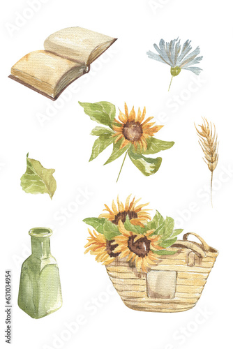 Open book, beach bag with sunflower flowers, glass bottle watercolor