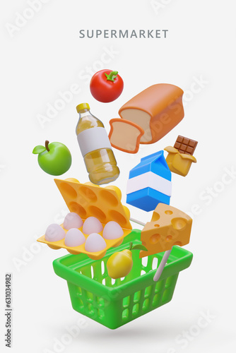 Vertical poster for supermarket. Shopping basket with collection of different products. Dairy produce, oil, cheese, bread for sandwich and fruits. Vector illustration with place for text