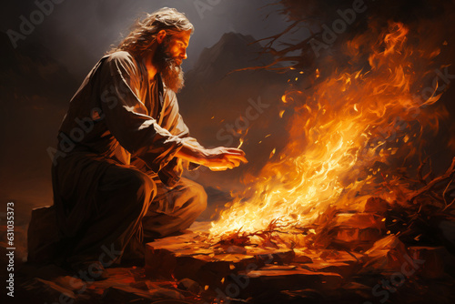 Moses with the burning bush, old Testament and jewish Torah, Book of Exodus, religion, generative AI 