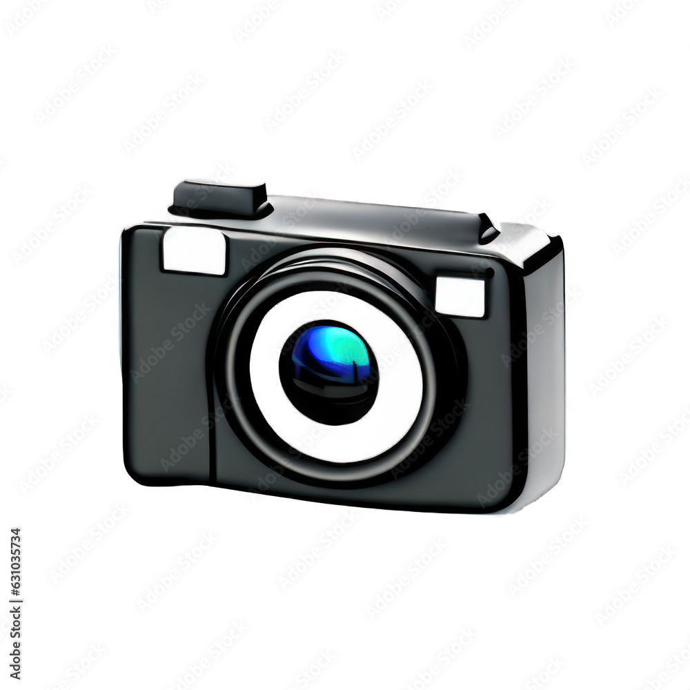 a digital camera, plastic 3d style, isolated transparency background.