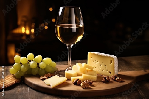 Glass of white wine and pieces of fresh cheese on a wooden tray on background with soft light