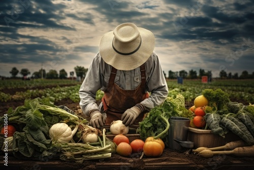 Anonymous framer with hat harvesting fresh vegetables on a farm - Generative AI