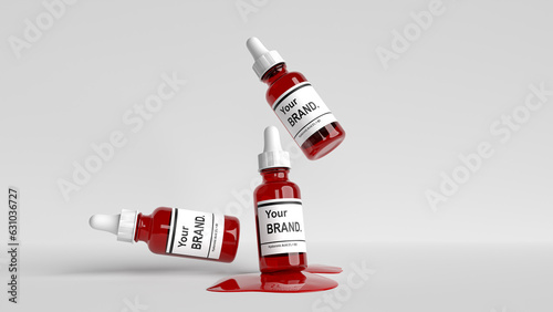 3d render of three red serum bottles floating on a white background.