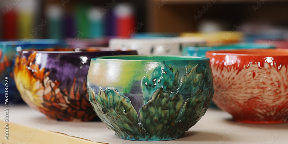 Generative AI, modeling of ceramic dishes from clay, decor from multi-colored glaze, pottery workshop, master class, handmade plates and cups