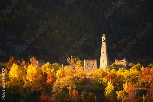 Old stone towers in Erzi national park in Ingushetia, Caucasus, Russia. photo