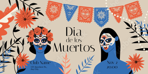 Banner for mexican day of the dead with girls with carnival masks, flowers and garland