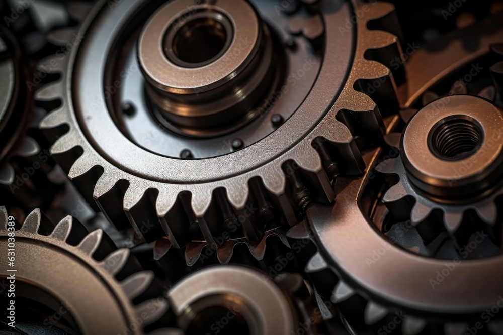 Metal gear sprockets in well used machine, closeup still life with beautiful textures and shape. Detail gear wheel.