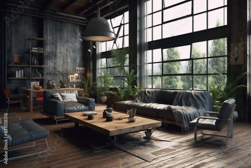 Interior design of Living Room in Industrial style with Large Windows decorated with Concrete. generative ai © LivroomStudio