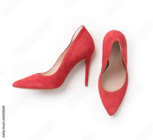Elegant women's summer suede red stilettos. A new pair of shoes on a white background.