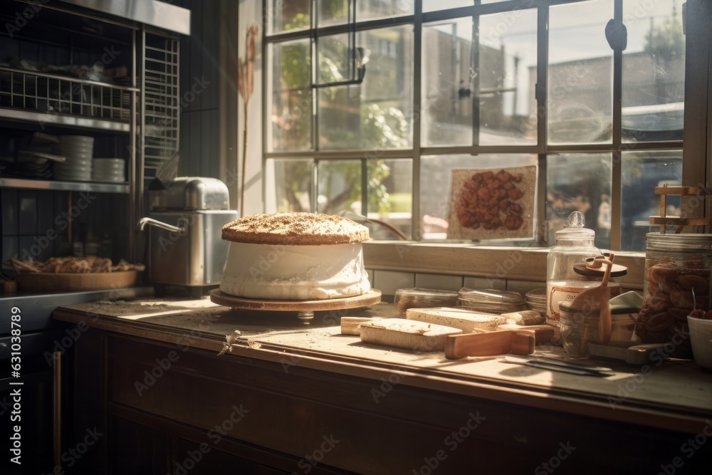 a delicious cake stands in the kitchen by the window. home baking generative ai.