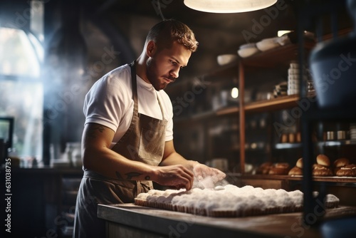 a man prepares a cake in a pastry shop. . generative ai. photo
