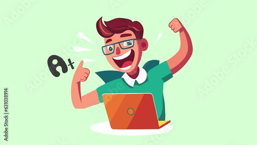 Pass an online exam, Laptop. happy boy, a plus