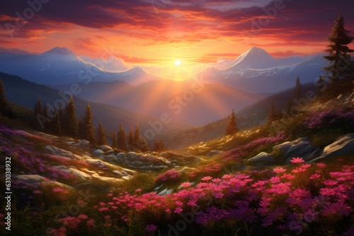 morning rays of the sun shine on a meadow with flowers in the mountains. the beauty of nature. generative ai.