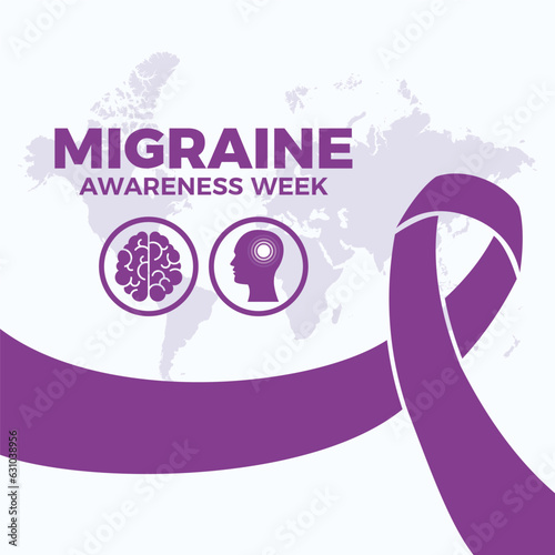 Migraine Awareness Week vector illustration. Purple awareness ribbon, headache, brain icon set vector. Important day