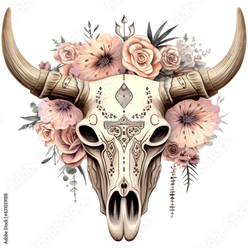 Fototapeta Naklejka Na Ścianę i Meble -   Watercolor boho bull skull with flowers in beige-pink isolated on transparent background. Generative AI