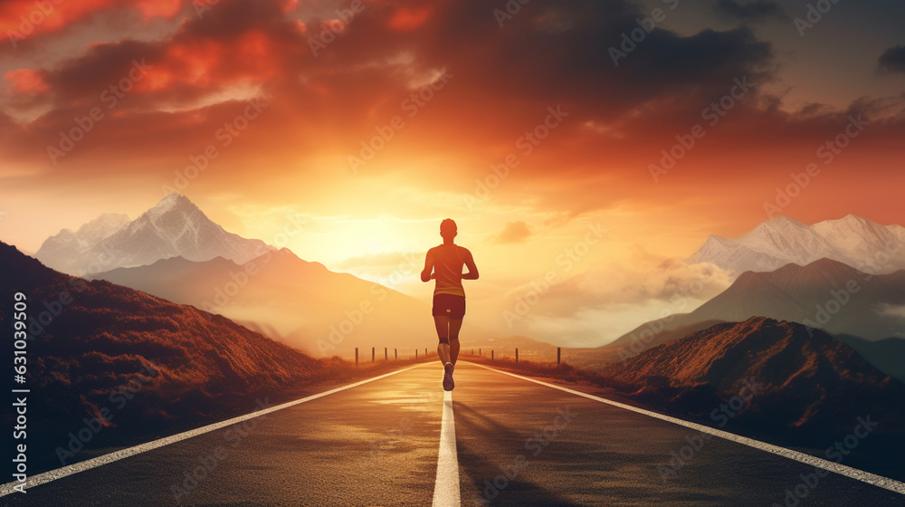 Runner are running on road and mountain sunset background Runner are running on road and mountain sunset background