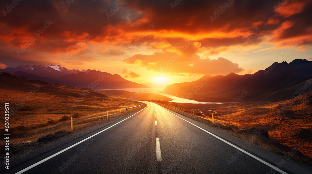 Highway road sunset mountain background