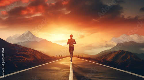 Runner are running on road and mountain sunset background