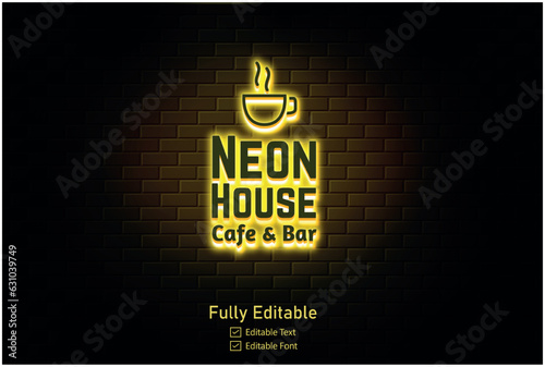 Glowing neon BBQ logo restaurant icon on a dark brick wall background. Light effect hot beverage or cafe sign. Vector illustration