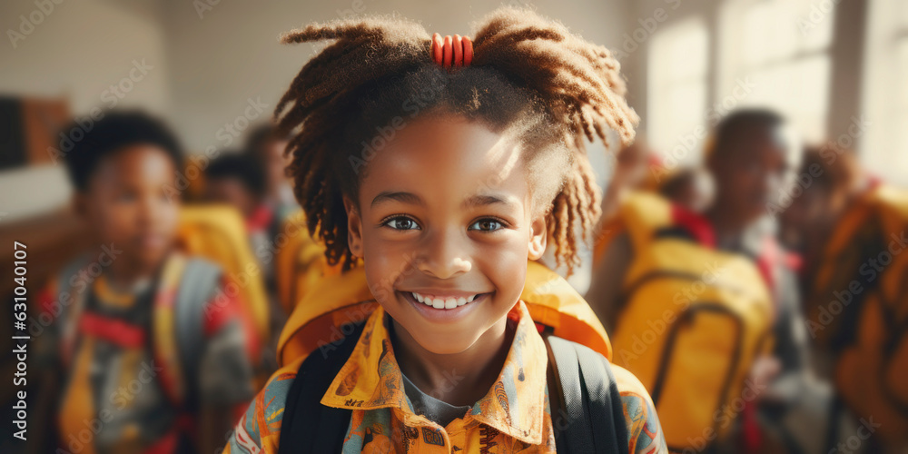 Back to school concept. Portrait of african school girl with backpack ...