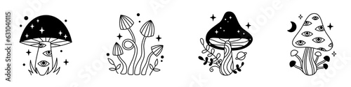 Vector halloween magic set of mushrooms and stars in black color. Mystical line fungi. Outline celestial elements. Fairytale gothic mushroom collection. Witchy esoteric mystic mushrooms with eyes.