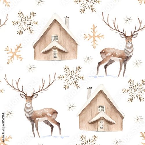 Watercolor Christmas seamless pattern with beige wood house and deers in winter forest. Hand painted illustration with snowflakes isolated on white background. For design, print, fabric, background.