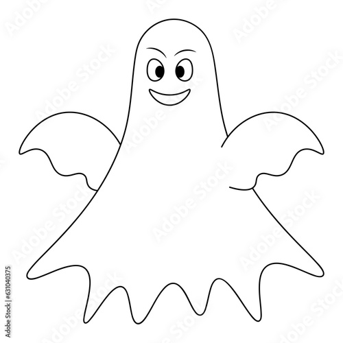 Laughing ghost. Spirit with wings and a sweet smile. Vector illustration. Outline on isolated white background. Doodle style. Coloring book for children. Sketch. Casting. Halloween symbol. 