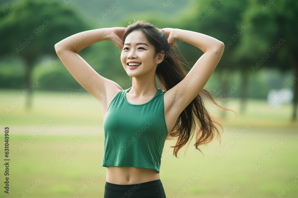 A young Asian woman wearing green sportswear stretching her muscles in the park before going for a run A young Asian woman wearing green sportswear stretching her muscles in the park before going for a run
