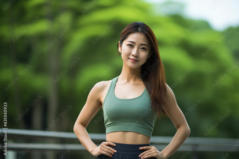 A young Asian woman wearing green sportswear stretching her muscles in the park before going for a run A young Asian woman wearing green sportswear stretching her muscles in the park before going for a run