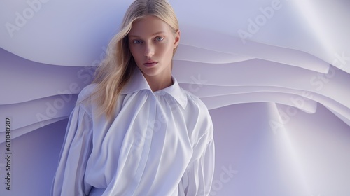 Art of Elegance, Sophisticated Couture Displayed in a Liminal Lavender Space under Dramatic Light, generative ai.	