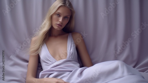 Art of Elegance, Sophisticated Couture Displayed in a Liminal Lavender Space under Dramatic Light, generative ai.	