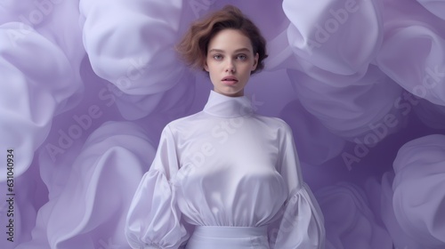 Art of Elegance, Sophisticated Couture Displayed in a Liminal Lavender Space under Dramatic Light, generative ai.	