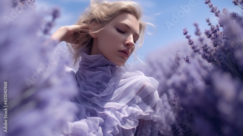 Art of Elegance, Sophisticated Couture Displayed in a Liminal Lavender Space under Dramatic Light, generative ai.	