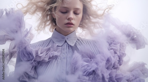 Art of Elegance, Sophisticated Couture Displayed in a Liminal Lavender Space under Dramatic Light, generative ai.	