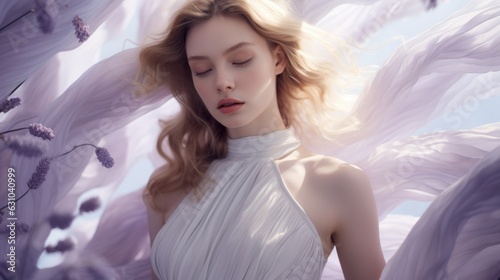 Art of Elegance, Sophisticated Couture Displayed in a Liminal Lavender Space under Dramatic Light, generative ai.	