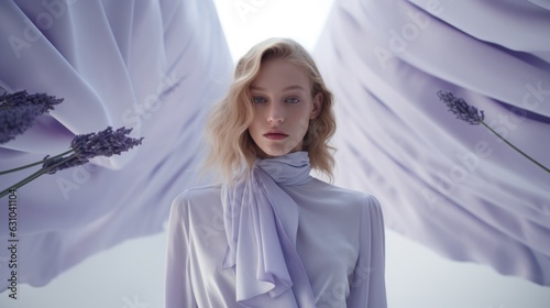 Art of Elegance, Sophisticated Couture Displayed in a Liminal Lavender Space under Dramatic Light, generative ai.	