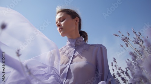 Art of Elegance, Sophisticated Couture Displayed in a Liminal Lavender Space under Dramatic Light, generative ai.	