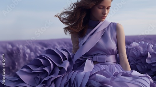 Art of Elegance, Sophisticated Couture Displayed in a Liminal Lavender Space under Dramatic Light, generative ai.	