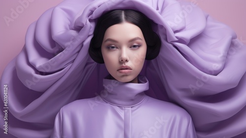 Art of Elegance, Sophisticated Couture Displayed in a Liminal Lavender Space under Dramatic Light, generative ai.	