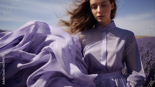 Art of Elegance, Sophisticated Couture Displayed in a Liminal Lavender Space under Dramatic Light, generative ai.	