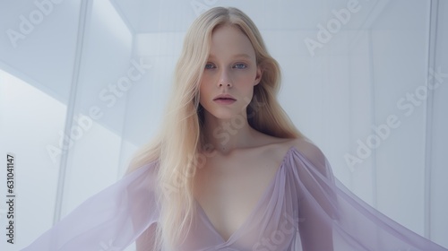 Art of Elegance, Sophisticated Couture Displayed in a Liminal Lavender Space under Dramatic Light, generative ai.	