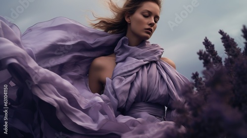 Art of Elegance, Sophisticated Couture Displayed in a Liminal Lavender Space under Dramatic Light, generative ai.	